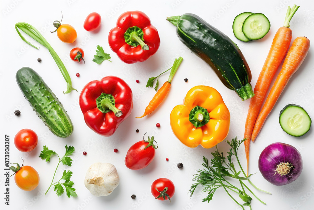A colorful mix of fresh vegetables arranged on a white background A colorful mix of fresh vegetables arranged on a white background