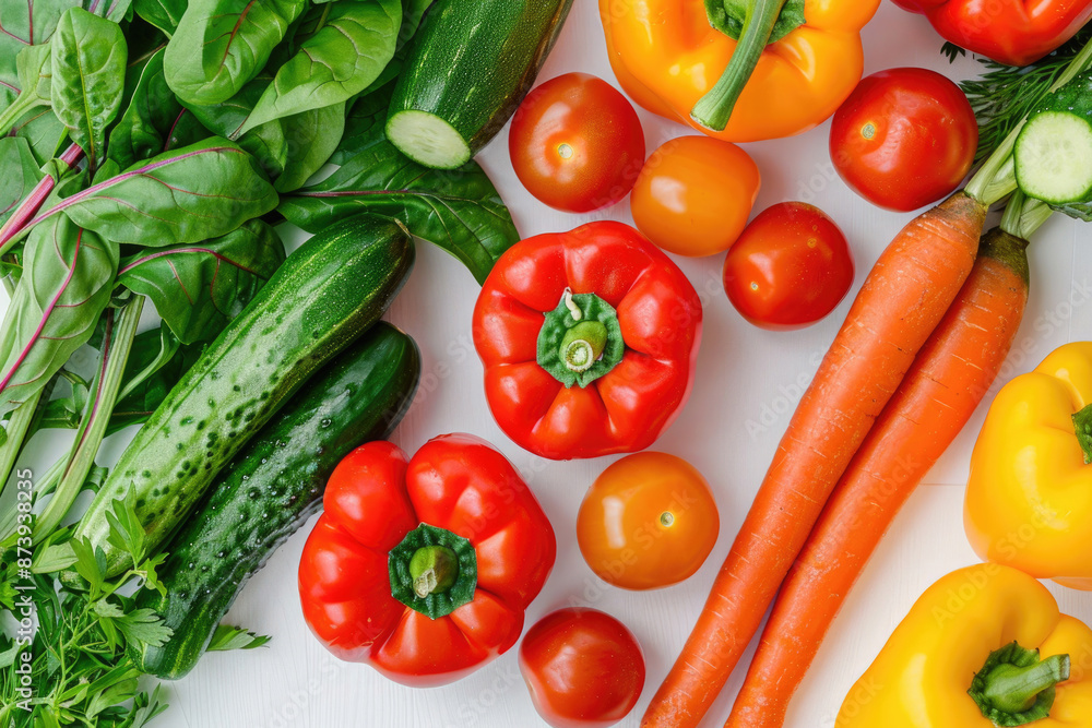 A colorful mix of fresh vegetables arranged on a white background A colorful mix of fresh vegetables arranged on a white background