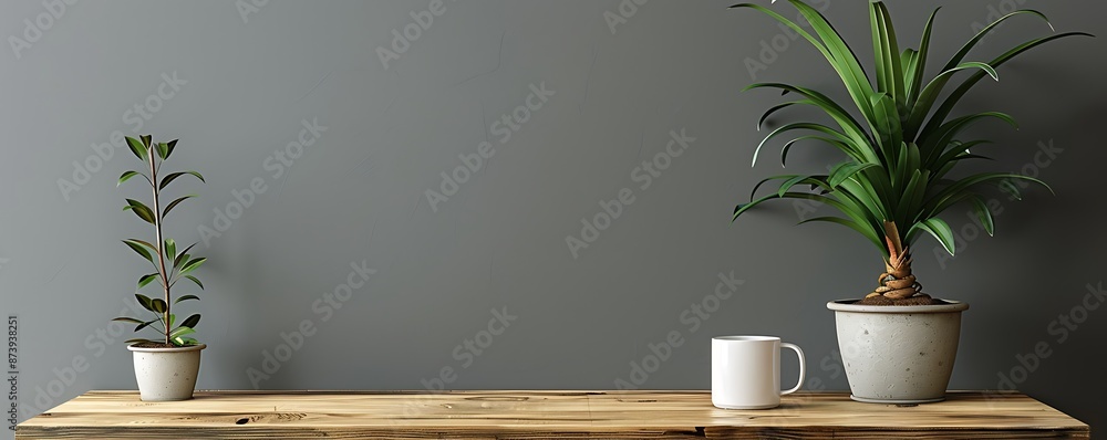 Minimal grey wall with a wooden desk, coffee mug, and plant in a pot, creating a serene office environment. Minimal grey wall with a wooden desk, coffee mug, and plant in a pot, creating a serene office environment.