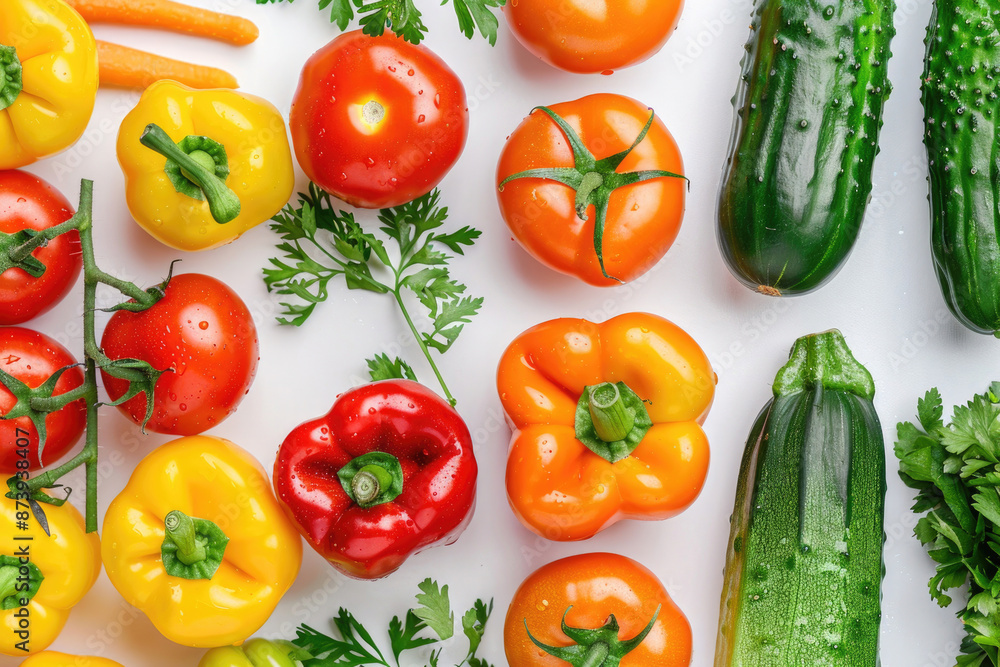 A colorful mix of fresh vegetables arranged on a white background A colorful mix of fresh vegetables arranged on a white background