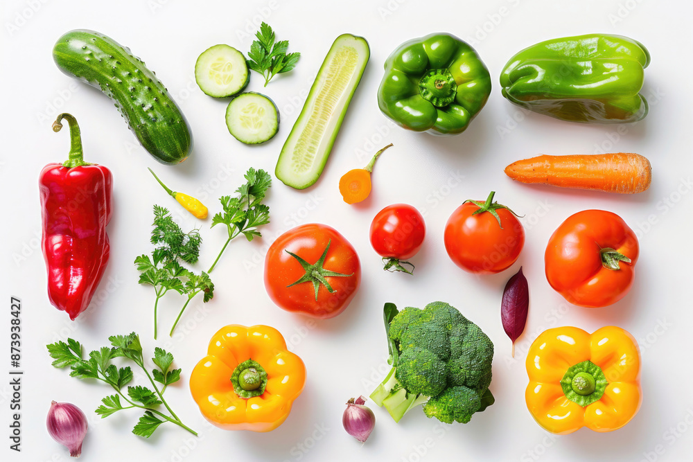 A colorful mix of fresh vegetables arranged on a white background A colorful mix of fresh vegetables arranged on a white background
