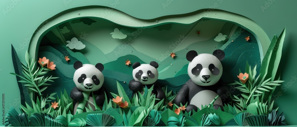 Pandas munching on bamboo in a paper cut zoo. Pandas munching on bamboo in a paper cut zoo.
