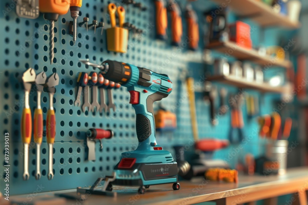 A power drill sits on a table in a cluttered workshop A power drill sits on a table in a cluttered workshop