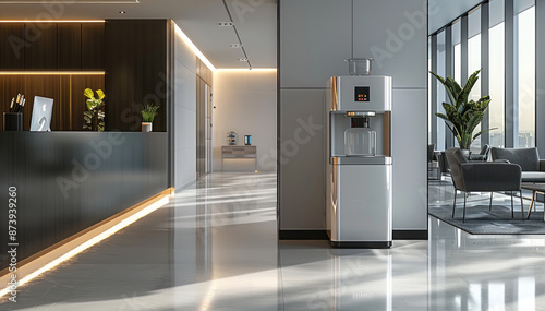 Modern minimalist office, the foreground is the tea room with a standing water dispenser, the background is the office area. Generative AI.