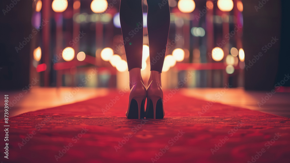Fototapeta premium Woman in high heels walking on a red carpet with blurred lights in the background 