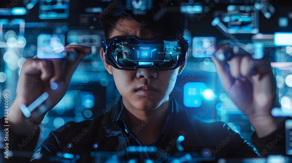 Portrait of an young man is using the futuristic latest innovation technology with augmented reality hologram.