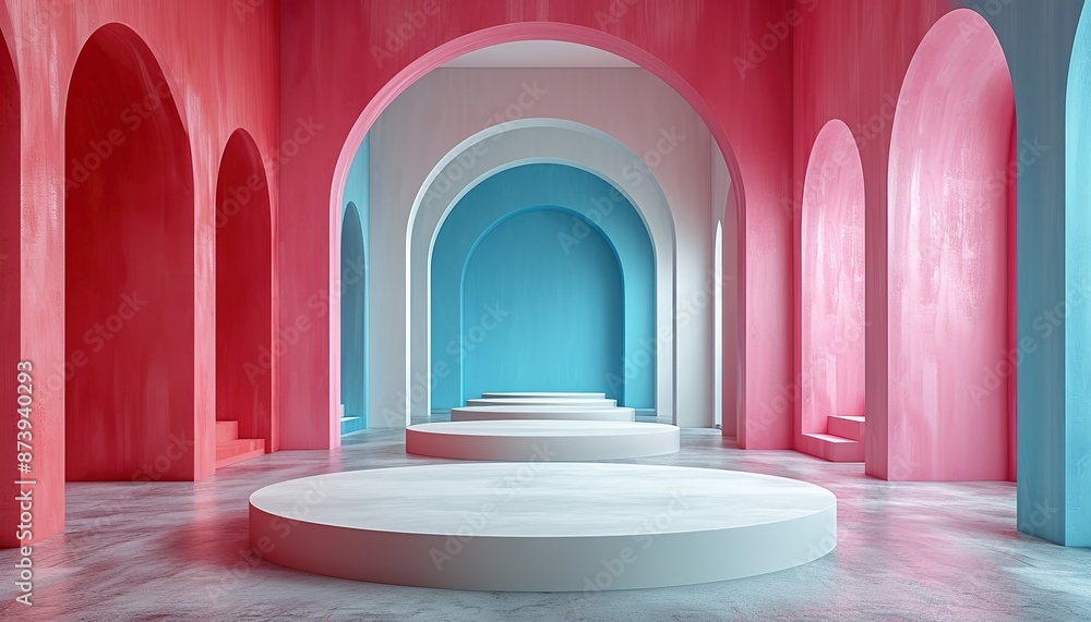 Pink minimalistic frame there are white podium, in the interior, a pedestal for product presentation Pink minimalistic frame there are white podium, in the interior, a pedestal for product presentation