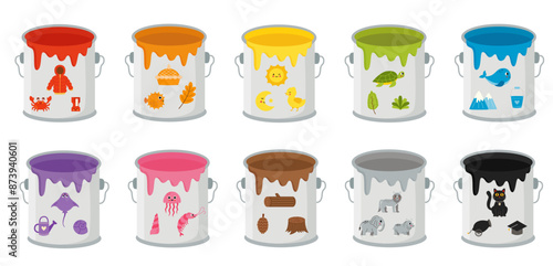 Set of colorful paint cans with basic color objects. Vector illustration.