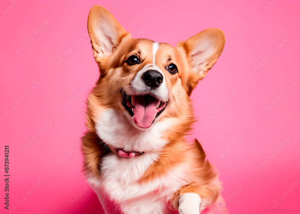 Funny cute corgi on a pink background. Summer minimalism vibe Funny cute corgi on a pink background. Summer minimalism vibe