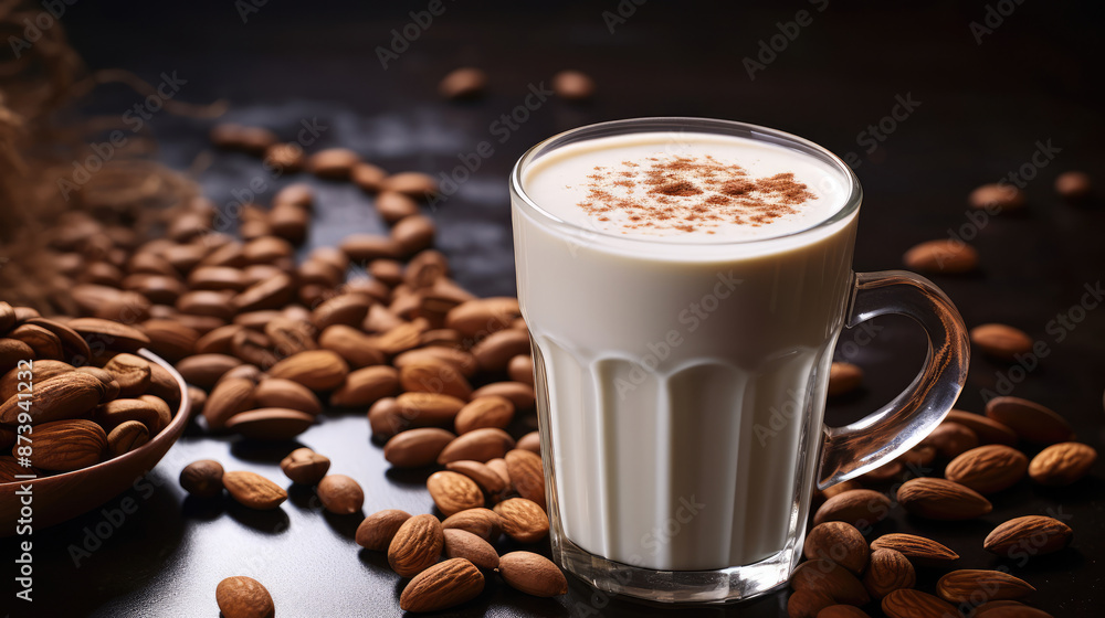 almond milk latte and coffee bean, studio photo, generative ai almond milk latte and coffee bean, studio photo, generative ai