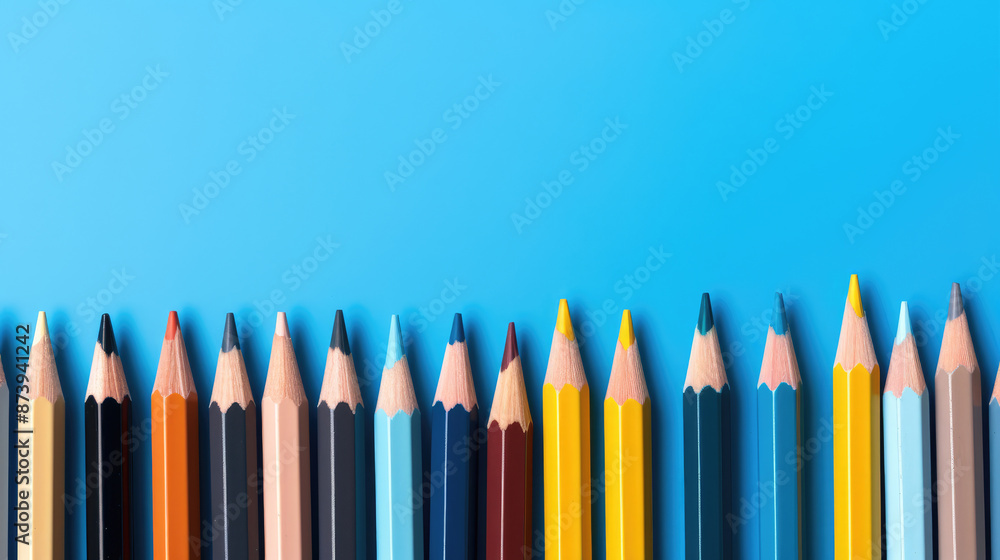 row of colored pencils lined up against a blue background, generative ai row of colored pencils lined up against a blue background, generative ai