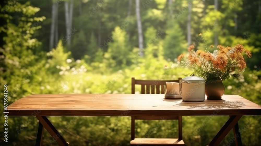 Fototapeta premium Rustic blank wooden table set against a sunlit, blurred forest backdrop, generative ai