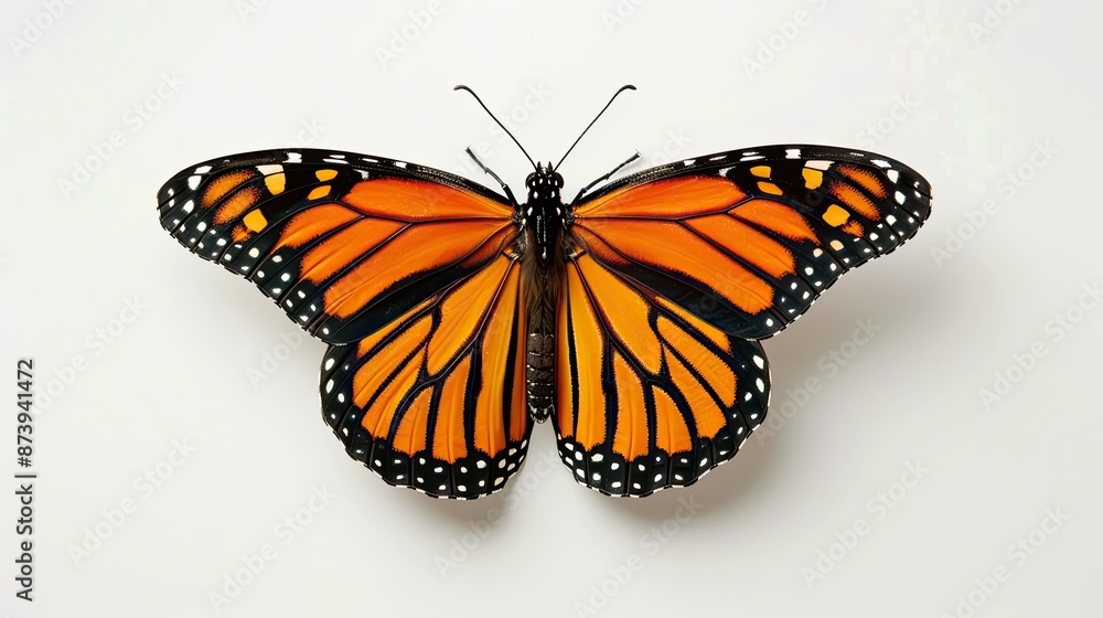 Fototapeta premium Regal Monarch Butterfly with Vibrant Orange and Black Wings Framed Against Minimalist Background
