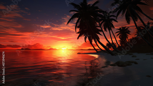 palm trees in the beach at the sunset, generative ai