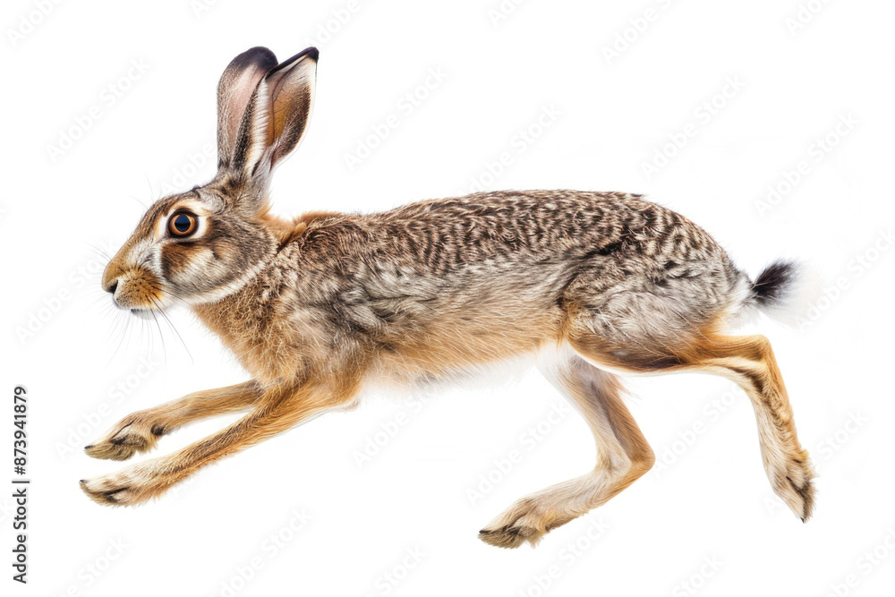 Obraz premium A hare mid-bound, ears back, isolated on a white background