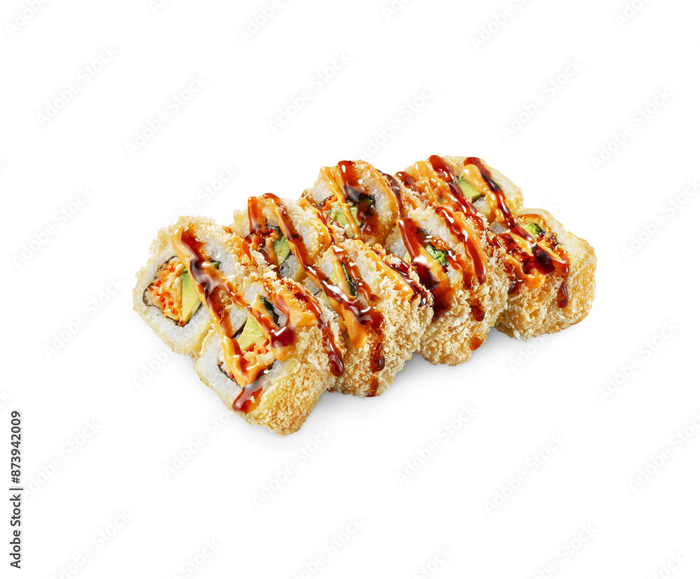 Crispy fried sushi rolls with avocado and sauce, arranged in a row on a white background. The rolls are covered in a crispy breadcrumb coating and drizzled with a sweet and savory sauce. Crispy fried sushi rolls with avocado and sauce, arranged in a row on a white background. The rolls are covered in a crispy breadcrumb coating and drizzled with a sweet and savory sauce.