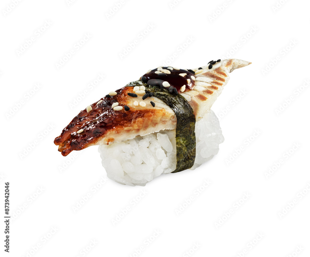 Piece of nigiri sushi topped with grilled unagi, sesame seeds, and a drizzle of soy sauce. Popular Japanese style snack. Piece of nigiri sushi topped with grilled unagi, sesame seeds, and a drizzle of soy sauce. Popular Japanese style snack.
