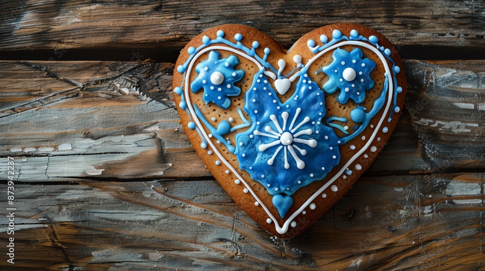 Decorated heart-shaped gingerbread cookie with blue icing and white details. Decorated heart-shaped gingerbread cookie with blue icing and white details.