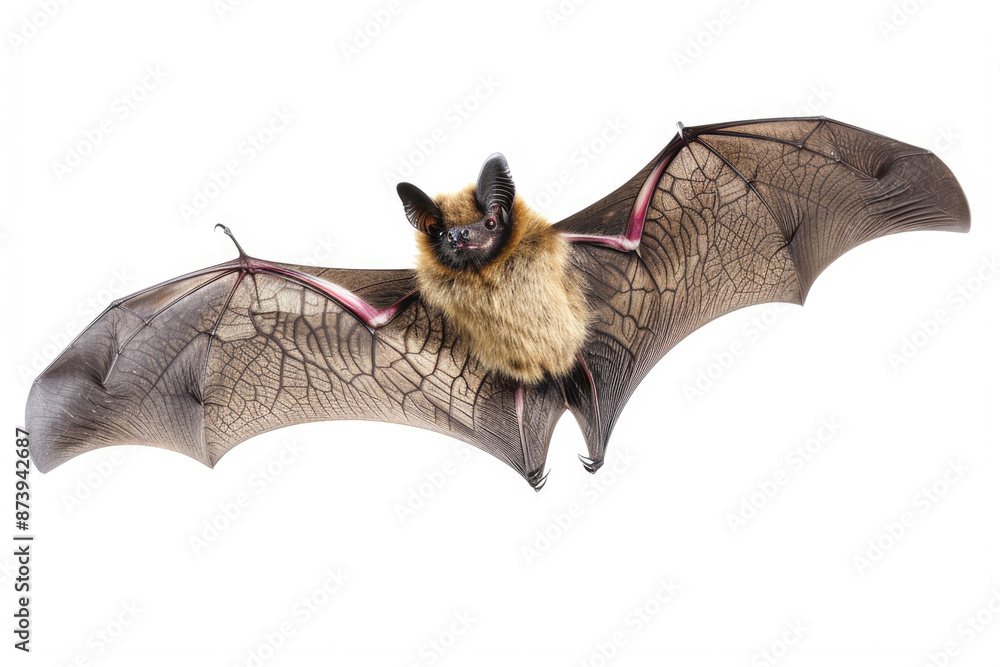 Obraz premium A bat mid-flight, wings spread, isolated on a white background