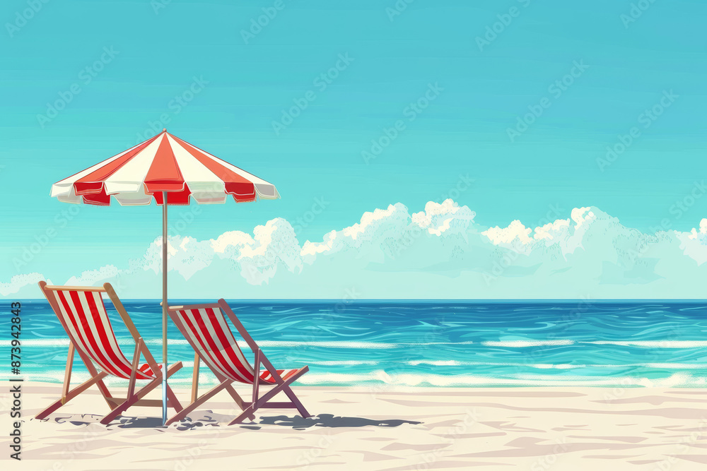 Relaxing Beach Scene with Striped Umbrella and Chairs Relaxing Beach Scene with Striped Umbrella and Chairs