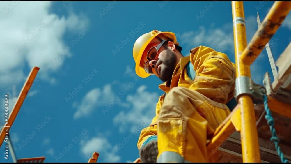 A man in a yellow jacket is climbing a rope A man in a yellow jacket is climbing a rope