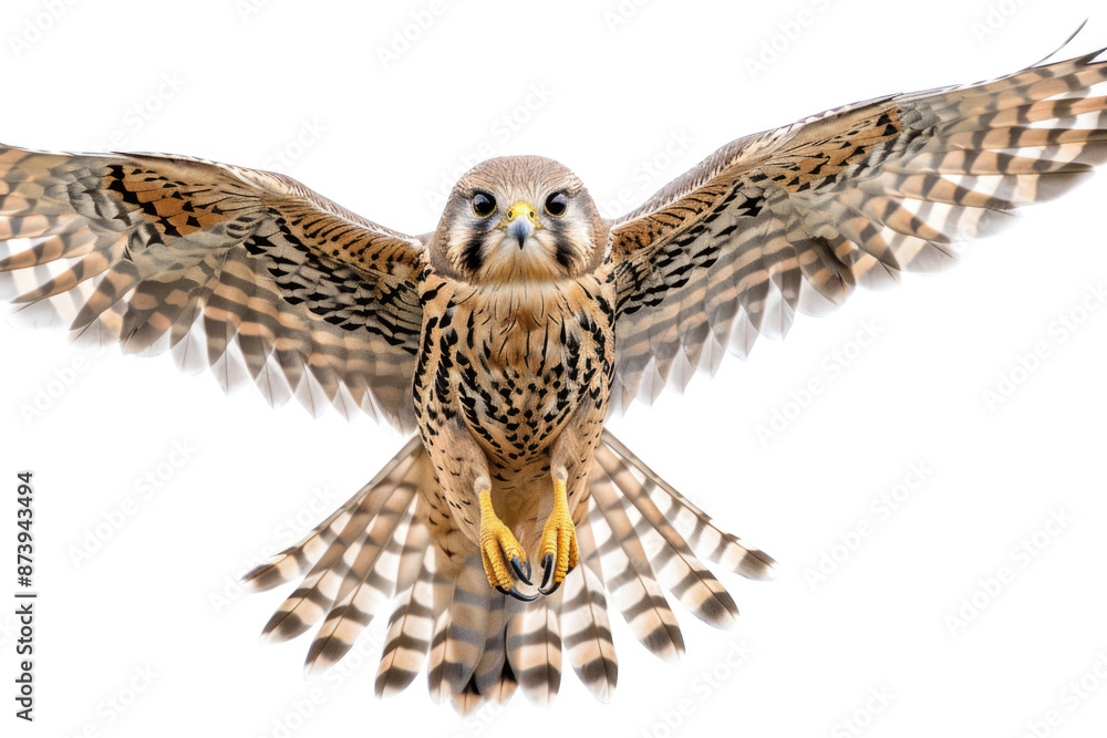 Fototapeta premium A kestrel mid-soar, wings wide, isolated on a white background