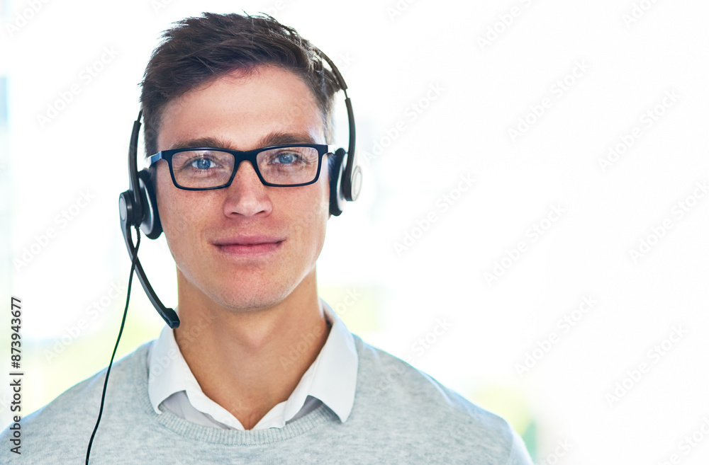 Man, headset and portrait in workplace or job as virtual assistant, communications staff and employee. Male person, confidence and pride for technical support, call center and customer service agent Man, headset and portrait in workplace or job as virtual assistant, communications staff and employee. Male person, confidence and pride for technical support, call center and customer service agent
