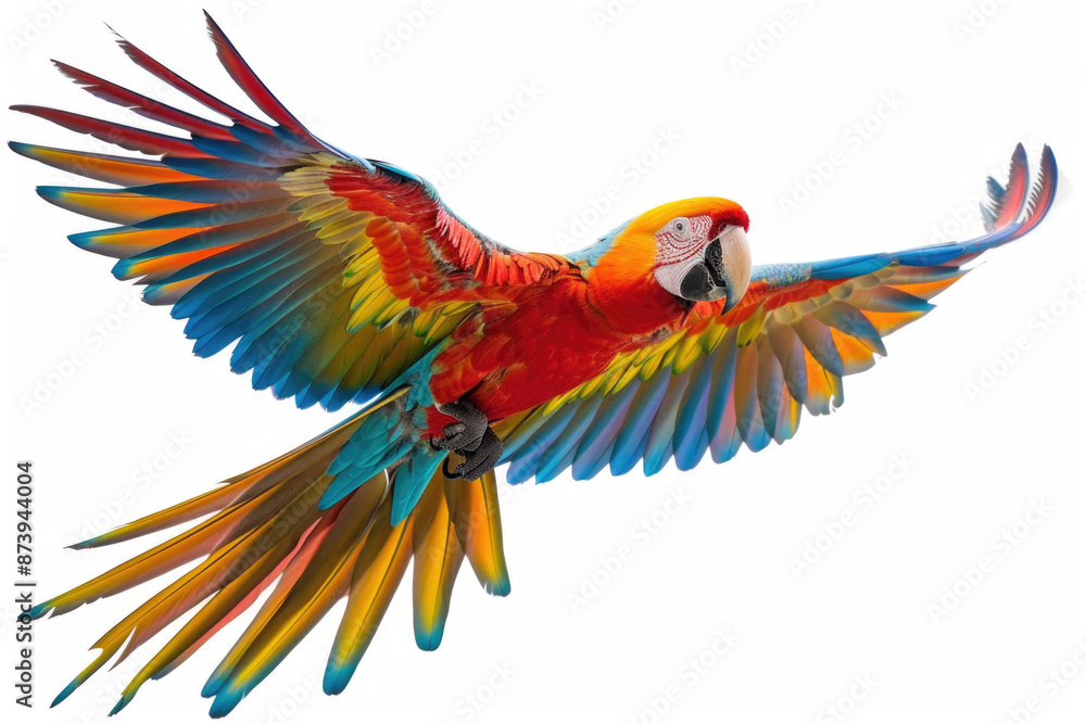 Fototapeta premium A macaw mid-flight, wings colorful, isolated on a white background