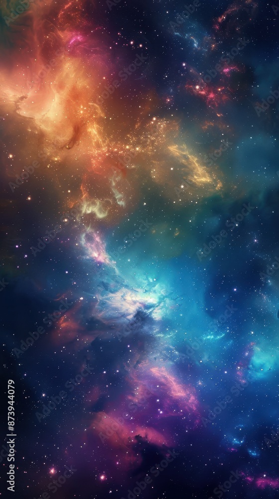 Obraz premium A mesmerizing cosmic nebula with vibrant shades of orange, pink, blue, and purple, illuminated by countless stars. The expansive galaxy reveals the awe-inspiring beauty of outer space.