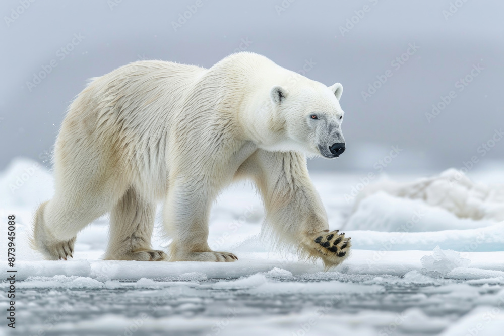 Polar bear walking across icy terrain, with a powerful stride Polar bear walking across icy terrain, with a powerful stride