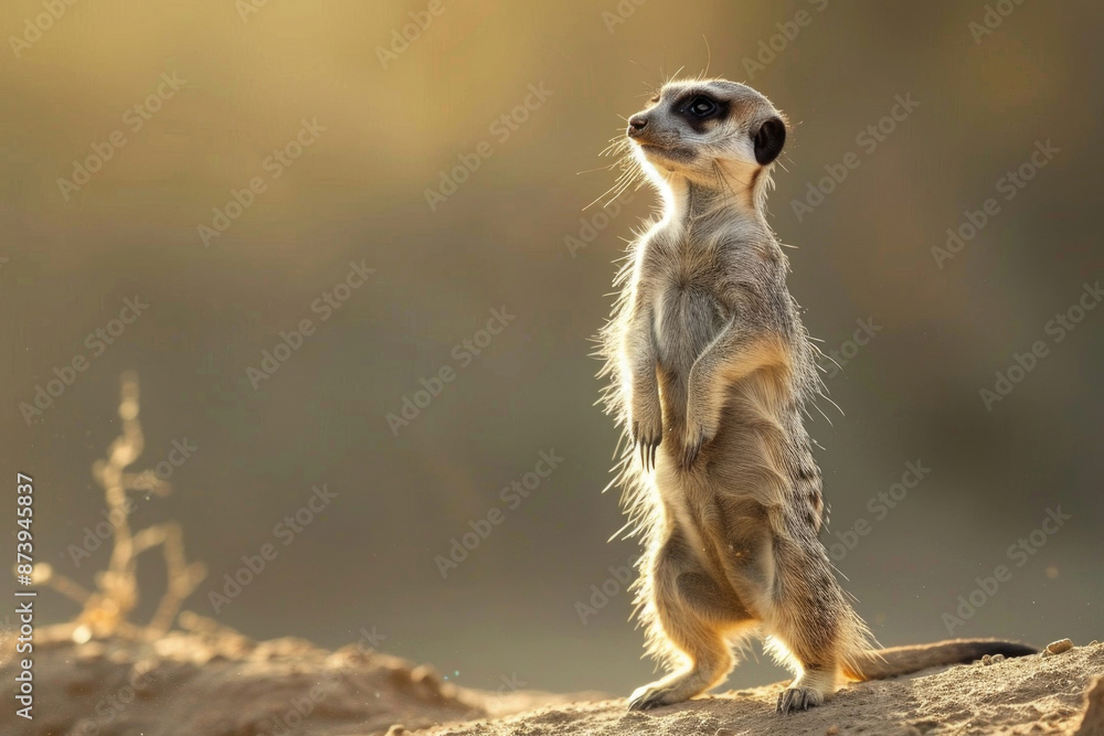 Fototapeta premium Meerkat standing on its hind legs, looking around curiously