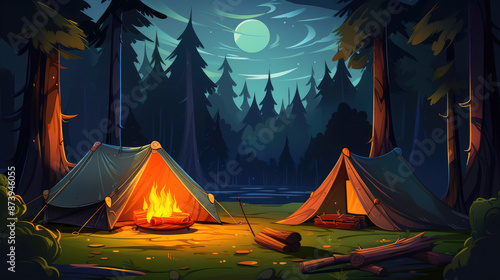 Camping in the forest, bonfire and tent on the background., generative ai © Fang