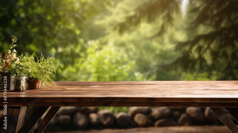 Rustic blank wooden table set against a sunlit, blurred forest backdrop, generative ai Rustic blank wooden table set against a sunlit, blurred forest backdrop, generative ai