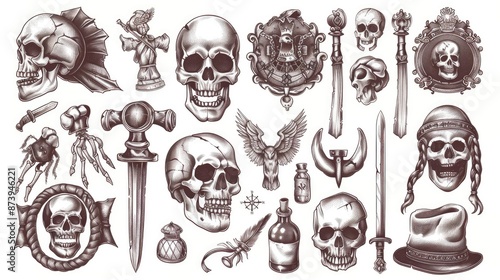 set of tattoo elements including numerous skulls, weapons and various decorative tattoo style elements. Visual elements include skulls, daggers, axes, bottles, feathers, eagles and other details.. photo