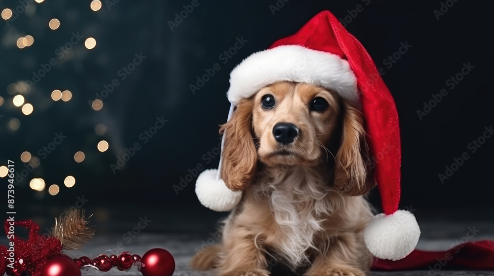 Cute dog in Santa Claus hat with Christmas decoration on dark background., generative ai Cute dog in Santa Claus hat with Christmas decoration on dark background., generative ai