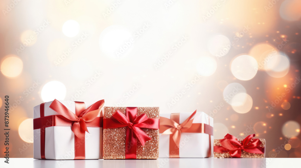 Fototapeta premium Gift boxes with red ribbons on white background with bokeh background., generative ai