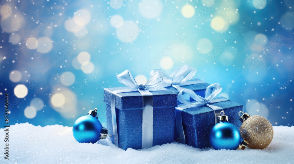 Blue gift boxes with Christmas decoration on snow with bokeh background., generative ai Blue gift boxes with Christmas decoration on snow with bokeh background., generative ai