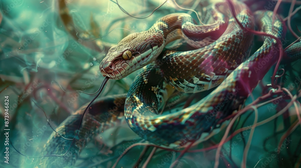 Fototapeta premium Surreal Serpent Intertwined with Ethereal Tendrils Blurring the Boundaries of Nature and the Supernatural