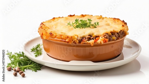 Shepherd's pie isolated on a white background. Is a popular and famous food in Britain.