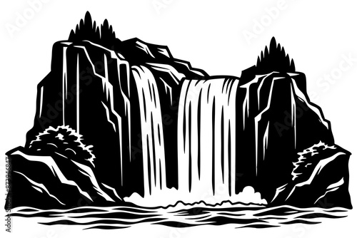 Waterfall Cascades, Water tumbling down rocky cliffs vector silhouette