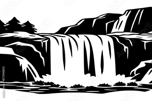 Waterfall Cascades, Water tumbling down rocky cliffs vector silhouette