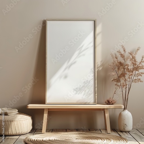 Minimalist interior design with empty wooden frame mockup, natural home decor, and dried plants in a vase photo