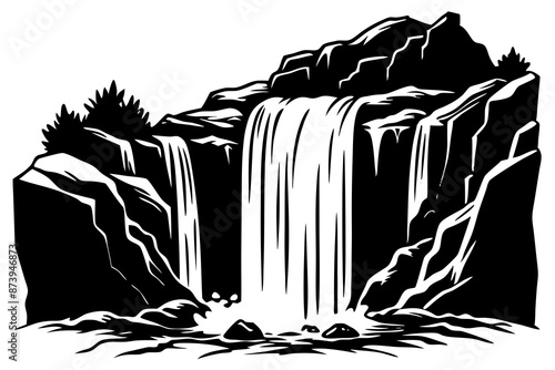 Waterfall Cascades, Water tumbling down rocky cliffs vector silhouette