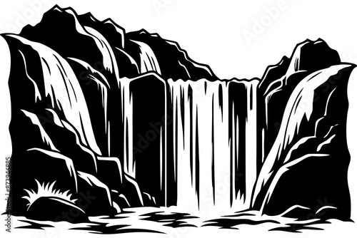Waterfall Cascades,Water tumbling down rocky cliffs vector silhouette