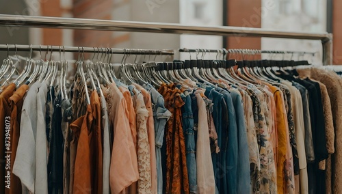 A photo of a rack of women's clothing. The clothing is stylish and colorful, and the rack is full of different styles and sizes.