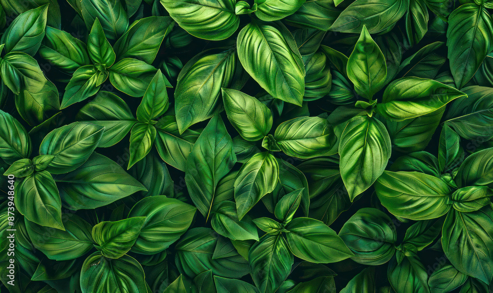 Fresh green basil leaves in a lush, overlapping pattern. Fresh green basil leaves in a lush, overlapping pattern.