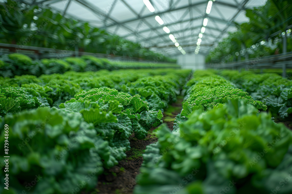 Green leafy crops growing in a spacious greenhouse. Green leafy crops growing in a spacious greenhouse.
