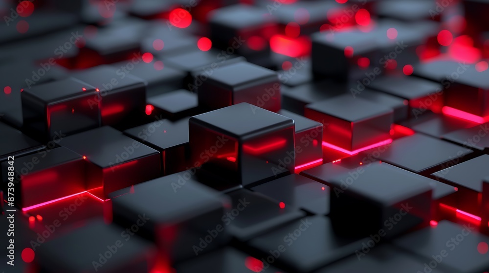 Fototapeta premium Abstract black cubes background with red lights