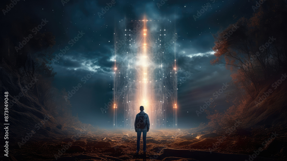 Fototapeta premium A person standing in the front of huge obstacle with a shining light coming., generative ai