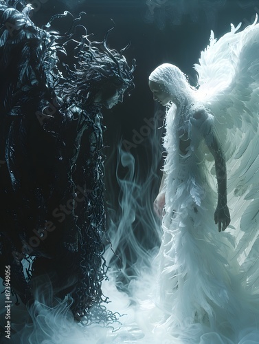 Dramatic Encounter Between Angel and Demon. Good Vs Evil Concept